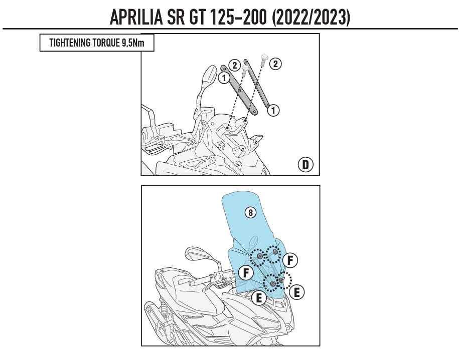 윈드스크린 : 아프릴리아 SR-GT 125-200 (22-23) - 6711DT+D6711KIT (투명 롱스크린, 74x61 cm)